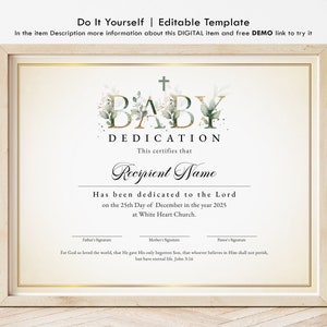 Plantilla de certificado de dedicación de bebé. Certificado editable de dedicación de bebé. Certificado imprimible de dedicación de Greenery Gold. Descarga Jet309.