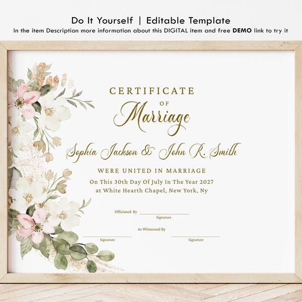 Modèle de certificat de mariage élégant, certificat de mariage imprimable, certificat de mariage modifiable, téléchargement de cadeau de mariage Jet215