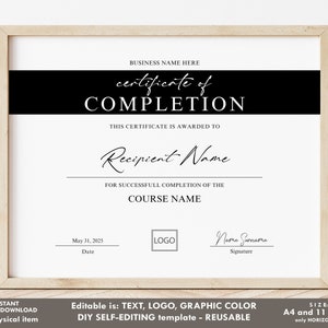Minimalist Certificate of Completion Completed Beauty Course Certificate Template DIY Editable Certificate Award Digital Download Jet 048