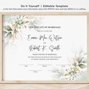 Greenery Ehe-Andenken-Zertifikatsvorlage, Hochzeitsandenken-Versprechen-Erneuerung DIY bearbeitbares Zertifikat Digitaler Download, Jet016
