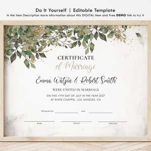 Certificado de matrimonio original, plantilla de certificado de boda editable e imprimible, recuerdo de boda, descarga de certificado de regalo, Jet125