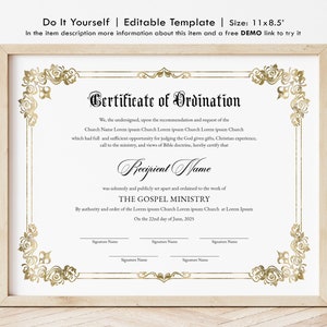 Editable Ordination Certificate Template Printable Etsy