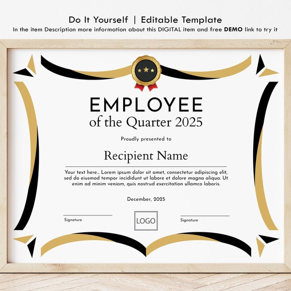Employee of the Quarter Certificate Etsy