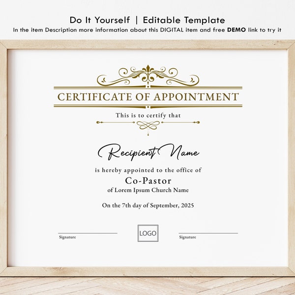 Editable Appointment Certificate, Printable Bishop Pastor Appointed Certificate Template, Minimalist Certificate Instant Download Jet021