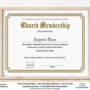 Church Membership Certificate Template Printable Editable Etsy