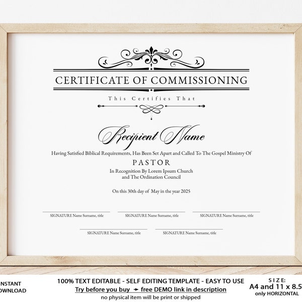 Editable Certificate of Commissioning, Printable Commissioning Certificate Template, Minimalist Church Form Certificates Download Jet021