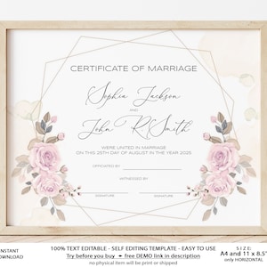 Moderne Hochzeit Urkunde Vorlage, bearbeitbare druckbare Aquarell Urkunde der Heirat, Hochzeitsgeschenk, Sofort Download, Jet