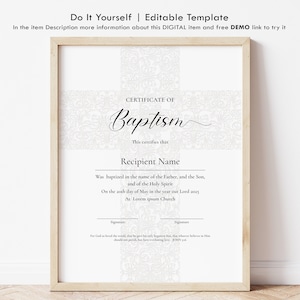Plantilla de certificado de bautismo, certificado de bautismo editable, elegante plantilla de dedicación de bautizo, descarga instantánea, Jet190