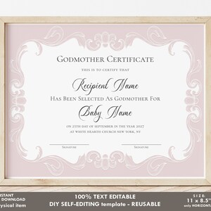 Bearbeitbare Patin Zertifikatsvorlage, druckbare Taufe Urkunde Elegant Dusty Pink Moderne Geschenk Patin Zertifikat Download, Jet236