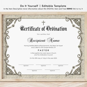 Ordination for Pastor Certificate Template Editable Printable Minister