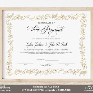 Editable Vow Renewal Certificate Elegant Printable Wedding - Etsy