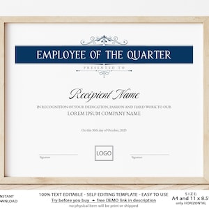 Editable Employee of the Quarter Certificate Template Etsy