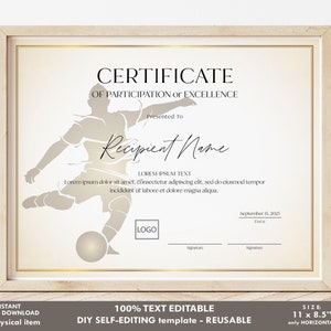 Soccer Football Certificate Template, Sports Certificate Award Editable Printable Soccer Award DIY Certificate Digital Download, Jet265-6