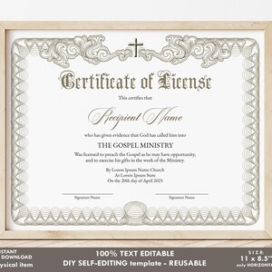 Editable License to Preach Template Printable Certificate of - Etsy