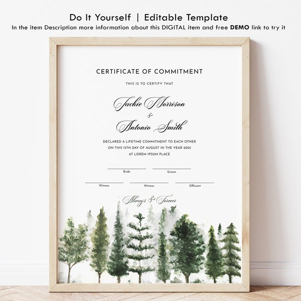 Commitment Ceremony Certificate Template, Editable Certificate of Commitment, Watercolor Nature Wood Trees, Wedding Gift Download Jet211