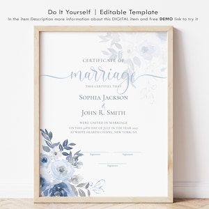Dusty Blue Hochzeitszertifikat Vorlage, druckbare Heiratsurkunde, bearbeitbares Ehe Andenken Geschenkgutschein Download Jet274