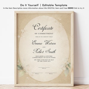 Certificado de Compromiso Editable, Recuerdo de Boda, Renovación de Votos Matrimoniales, Plantilla de Certificado Personalizada Vintage (Descargar Jet)