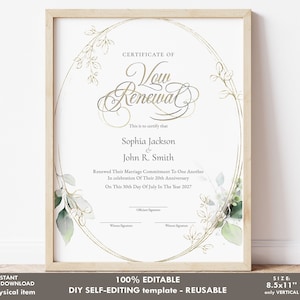 Gelübde Erneuerung Zertifikat Vorlage, bearbeitbare druckbare Urkunde für Gelübde Erneuerung, Gold Greenery, Heirat Geschenkgutschein Download Jet089