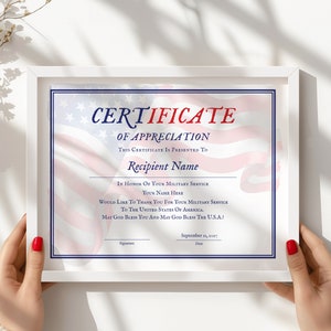 Military Service Appreciation Certificate American Usa Flag Veteran's 