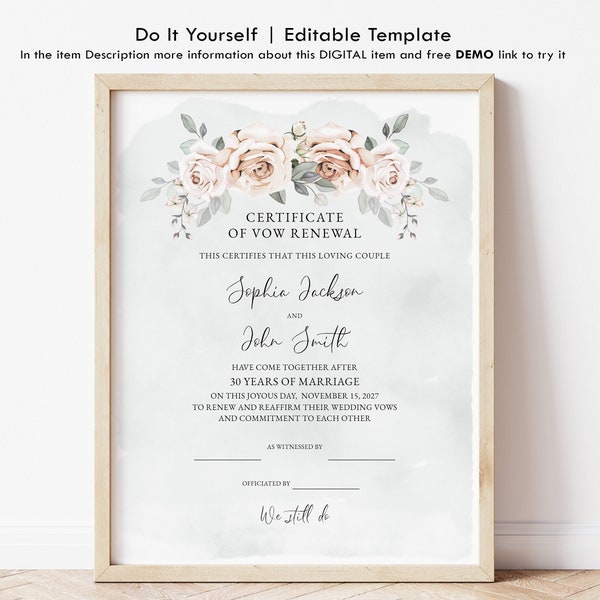 Vow Renewal Certificate Template, Editable Wedding Vow Renewal Gift, Renewal of Marriage Vows Watercolor Flowers Certificate Download Jet121