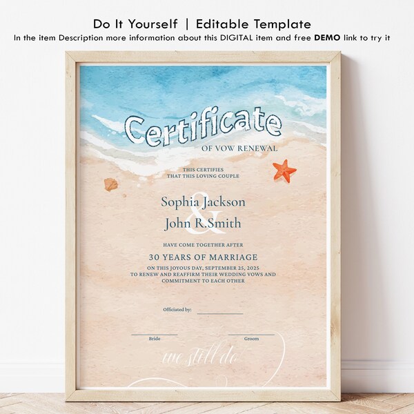 Vow Renewal Certificate Beach Theme Etsy