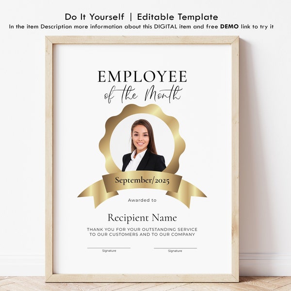 Employee of the Month, Minimalist Employee Appreciation Certificate Template, Company Award, Editable Gift Certificate Download, Jet059