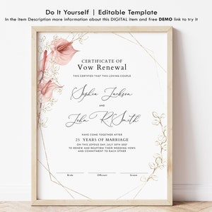 Boho bloemen gelofte vernieuwing certificaatsjabloon, aquarel vernieuwing van huwelijksgeloften, huwelijksgelofte vernieuwing cadeaubon download Jet223
