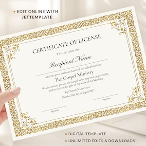 Editable Certificate of License to Preach, License Minister, Certificate of Minister License Printable Certificate Template Download Jet222