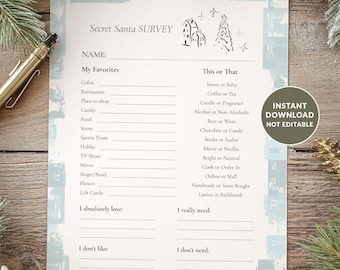 Secret Santa Questionnaire Printable, Favorite Things List, Christmas Gift Exchange Survey, Family Friends Wish List, Instant Download PDF