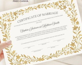 Editable Gold Floral Wedding Certificate Template (Digital Download)
