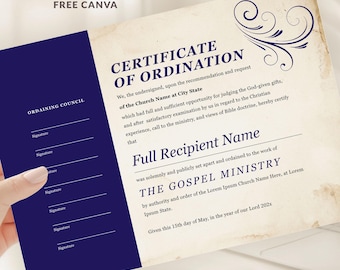 Editable Minister Ordination Certificate, Canva Certificate of Ordination, Ministry License Certificate Template (Digital Download)