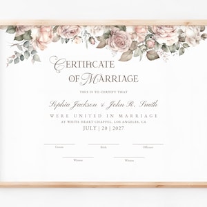 Bearbeitbare Heiratsurkunde Vorlage, Rustikale Hochzeitsandenken Urkunde mit Rosen, Anpassbares Geschenk für Hochzeit Download Jet156