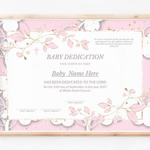 Modelo de certificado de dedicação de bebê, batismo de menina, ouro rosa moderno, modelos de igreja editáveis para impressão, download Jet276
