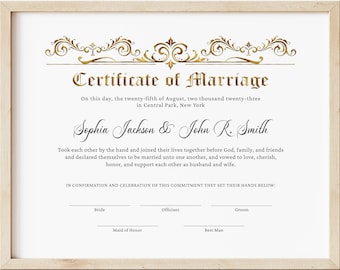 Wedding Marriage Keepsake Certificate Template, EDITABLE Simple Certificate of Marriage, Printable Custom Personalized Wedding Gift Jet 286