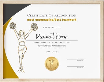 EDITABLE Cheerleader Certificate Template, Cheerleading Award, Printable Sports Certificates, Instant Download, Jet055