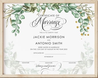 Greenery Certificate of Marriage, Wedding Keepsake Gift, Marriage Certificate Template, DIY Editable Certificate Digital Download, Jet 050