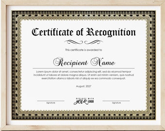 Recognition Certificate Template Editable Certificate of Recognition Employee Awards, Gold Black Elegant Certificate Digital Download Jet194