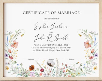 Editable Marriage Certificate Template, Printable Commitment Vow Renewal Certificate, Wildflowers, Wedding Gift Certificate Download Jet249