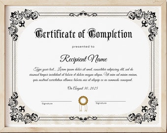 Editable Certificate of Completion Template, Printable Completion Certificate, Corporate Award, Gift Certificate Instant Download Jet 037