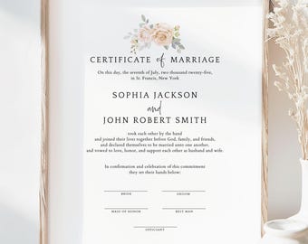 Editable Certificate of Marriage, Wedding Keepsake Certificate Template, Custom Wedding Certificate, Printable Marriage Certificate 167