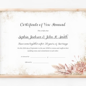 Hochzeitsjubiläum Gelübde Erneuerung Zertifikat Vorlage, Heiratsandenken Zertifikat, Boho Rustikale Gelübde Erneuerung Geschenkzertifikat Download 062