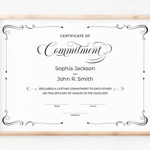 Bearbeitbare Engagement-Zertifikatsvorlage, elegantes minimalistisches Hochzeitsgeschenkzertifikat, benutzerdefiniertes Hochzeitsandenken-Zertifikat-Download Jet017