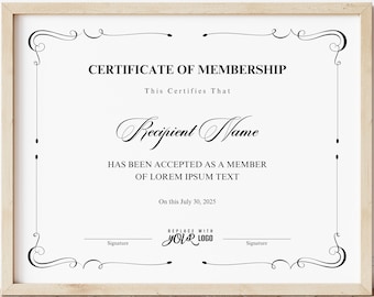 EDITABLE Membership Certificate Template, Minimalist Certificate, Printable Elegant Gift Certificate of Membership Download, Jet017