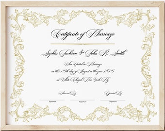 Modèle de certificat de mariage élégant Certificat modifiable imprimable de certificat-cadeau de mariage Certificat de mariage personnalisé Télécharger Jet106