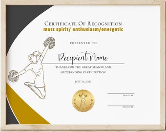 EDITABLE Cheerleader Certificate Template, Cheerleading Award, Printable Sports Certificates, Instant Download, Jet055