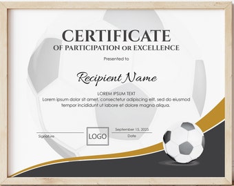 Editable Soccer Football Certificate Template, Sports Certificate Award Printable Soccer Award DIY Certificate Digital Download, Jet045
