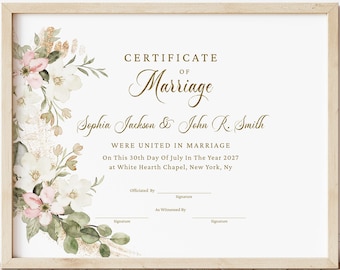 Elegant Wedding Certificate Template, Printable Certificate of Marriage, Editable Marriage Certificate, Wedding Gift Download Jet215