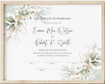 Greenery Marriage Keepsake Certificate Template, Wedding Keepsake Commitment Vow Renewal DIY Editable Certificate Digital Download, Jet016