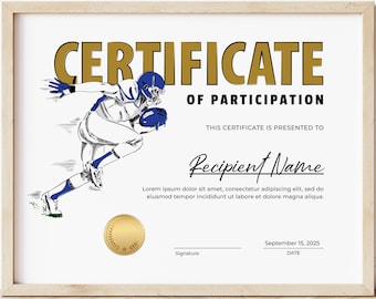 American Football Certificate Template Sports Certificate Award EDITABLE Printable Football Award Certificate Digital Download, Jet161