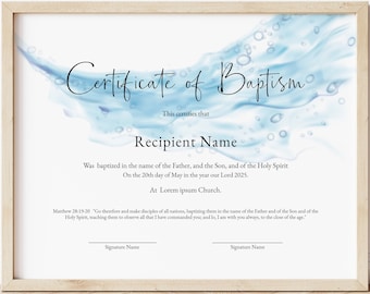 Editable Baptism Certificate Template, Printable Minimalist Certificate of Baptism, Water Background Certificate Instant Download, Jet040